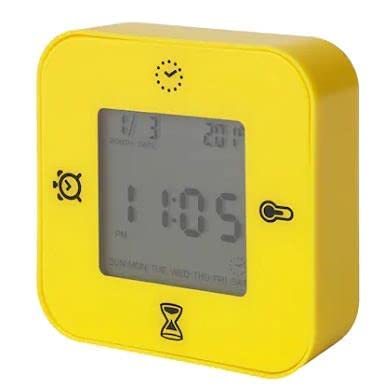 Table Alarm Clock, Clock/Thermometer/Alarm/Timer, Yellow