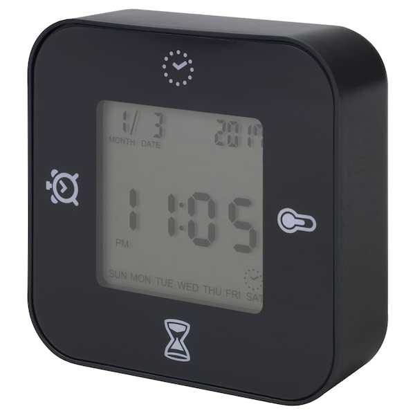 Table Alarm Clock, Clock/Thermometer/Alarm/Timer, Black