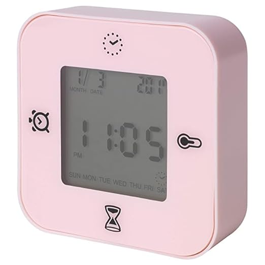 Table Alarm Clock, Clock/Thermometer/Alarm/Timer, Pink