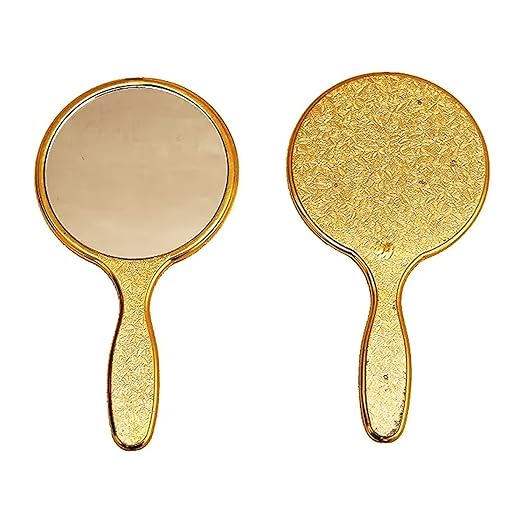 Flavouredlove 3 Inch Hand Mirror, Handheld Mirror with Handle, Portable Mirror, Personal Makeup Plastic Round Mirror - Gold