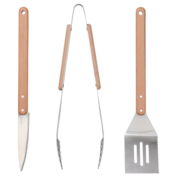 3-piece barbecue tools set, stainless steel/beech