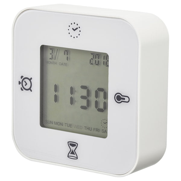 Stylish Travel Friendly Four in One Alarm Clock, Clock/thermometer/alarm/timer, white