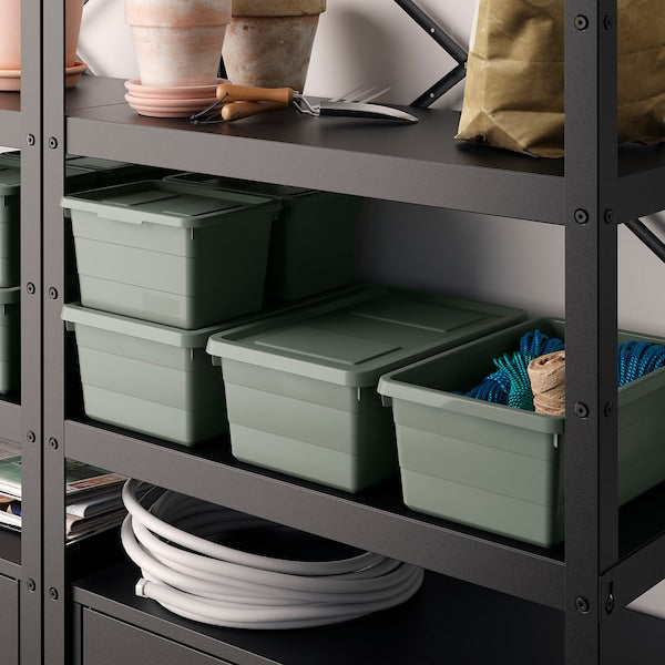 Storage box with lid, grey-green, 19x26x15 cm (7 ½x10 ¼x6 ")