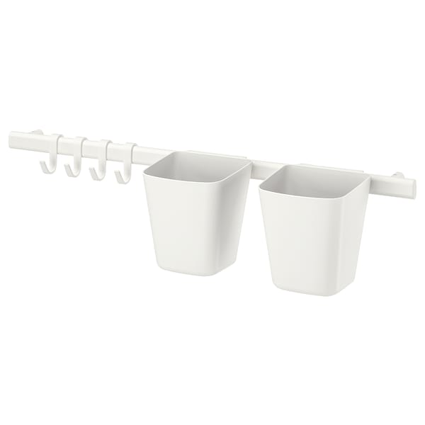 Rail with 4 hooks and 2 containers, white