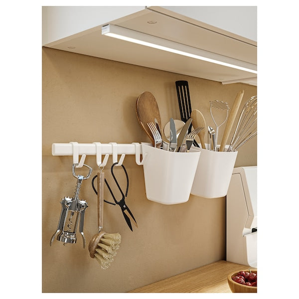 Rail with 4 hooks and 2 containers, white